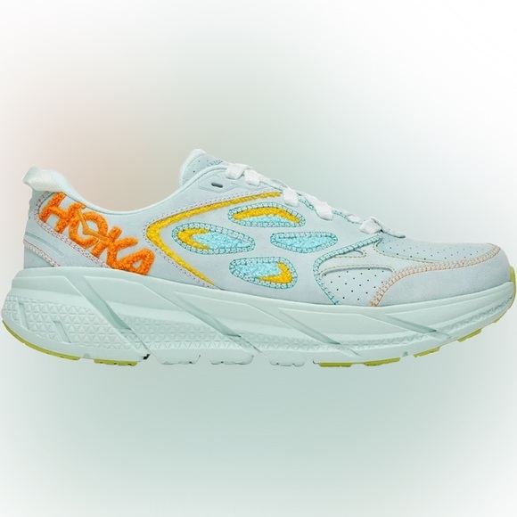 NWT Hoka Clifton Leather Embroidery UNISEX Shoes blue glass radiant yellow NEW - Picture 16 of 16